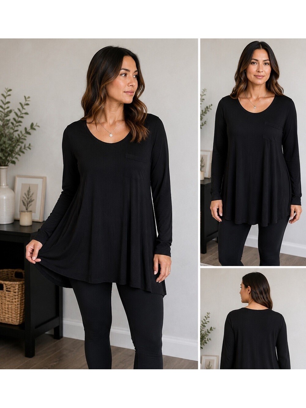 Soma Black Jersey Knit Tunic Top Large Lagenlook Goth Minimalist Long Sleeve